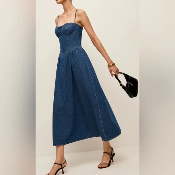 Commense Sweetheart Collar Denim Dress Medium - Picture 5 of 12